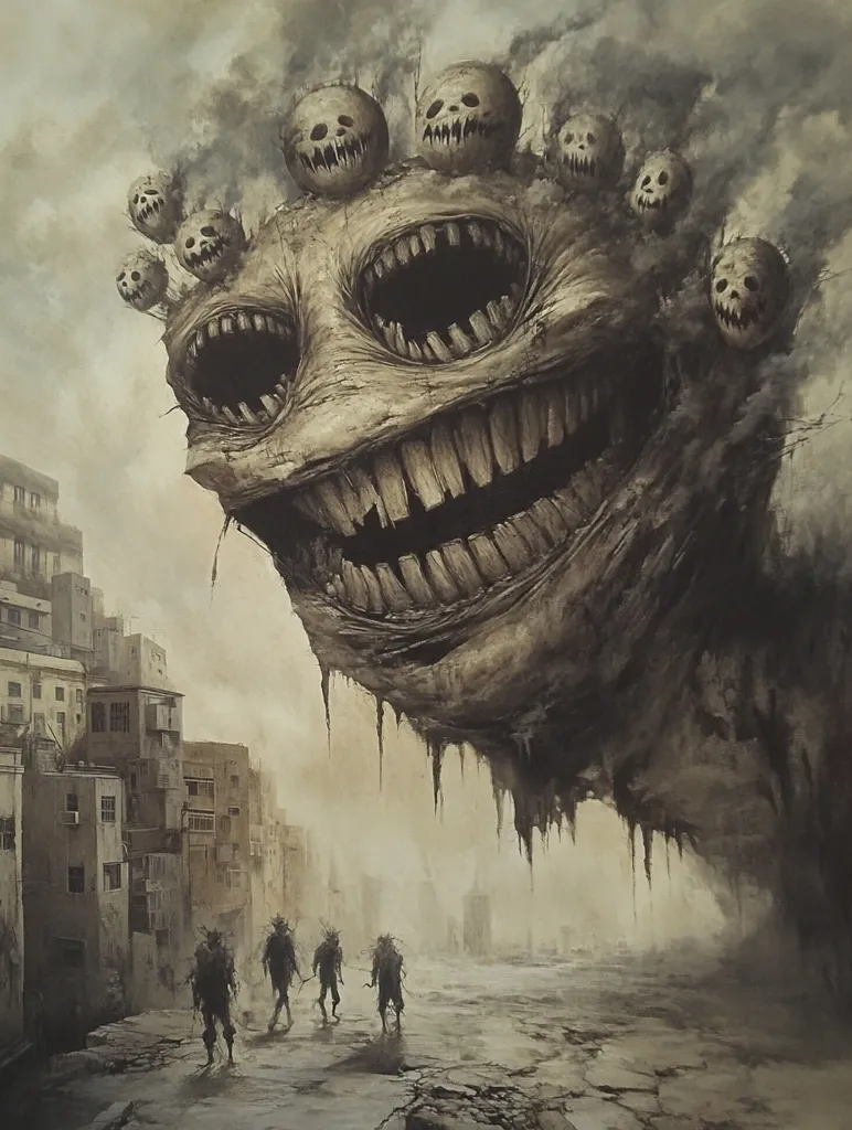 A monstrous, decaying face looms over a desolate cityscape.  The face is adorned with numerous skull-like protrusions and gaping maws.  Below, four shadowy figures walk along a cracked street, dwarfed by the overwhelming presence of the grotesque entity. The overall atmosphere is one of bleakness and impending doom.  The artwork's style is dark fantasy, with a gritty, realistic texture.