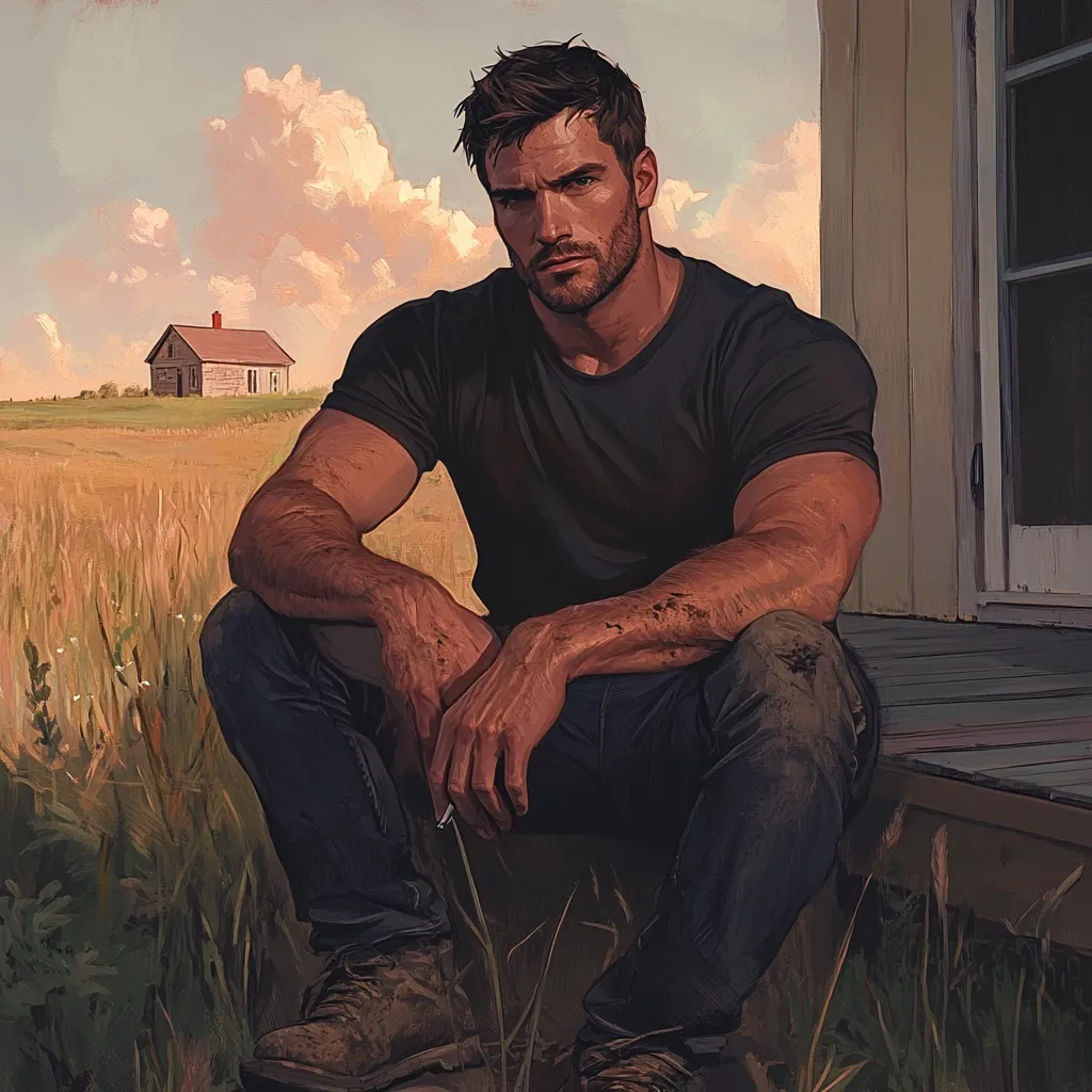 A muscular man with a beard sits on a porch, his gaze directed toward the viewer. He wears a dark t-shirt and jeans, stained with dirt, suggesting manual labor.  The setting is rural, with a small farmhouse visible in a golden field under a partly cloudy sky. The overall mood is contemplative and slightly melancholic.