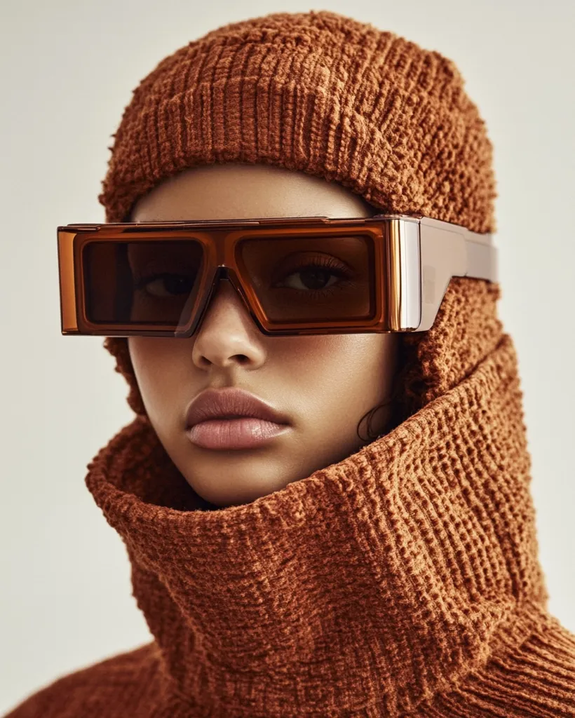 A close-up shot of a model wearing a rust-colored chunky knit turtleneck and matching beanie.  Large, square, brown sunglasses shield her eyes. The textured knit fabric and the bold sunglasses create a visually striking and fashionable image.  The neutral background emphasizes the warm tones of the outfit.