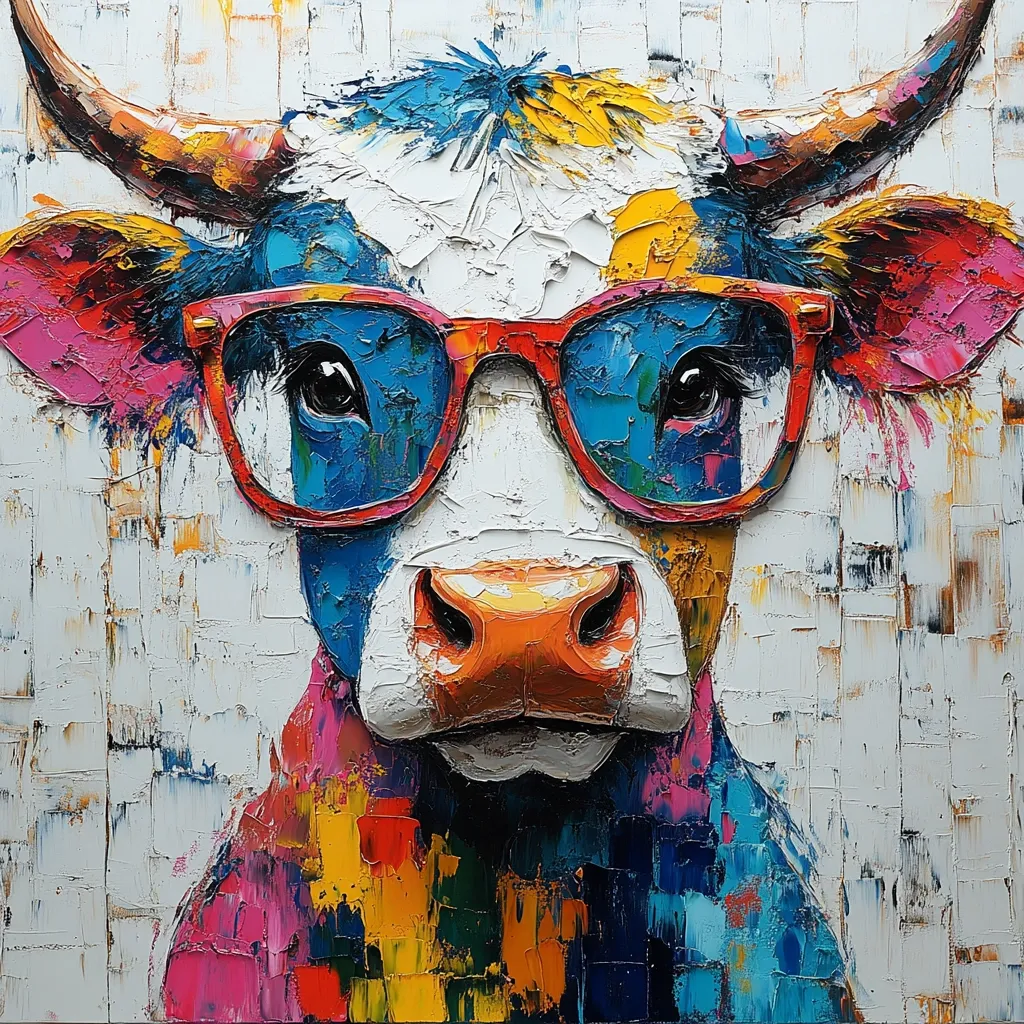 A vibrant, colorful oil painting depicts a cow wearing red-framed glasses.  The artist uses thick, impasto brushstrokes to create a textured effect, with bold hues of blue, pink, yellow, and orange dominating the cow's features. The background is a textured off-white, contrasting with the cow's bright colors. The overall style is expressive and modern.