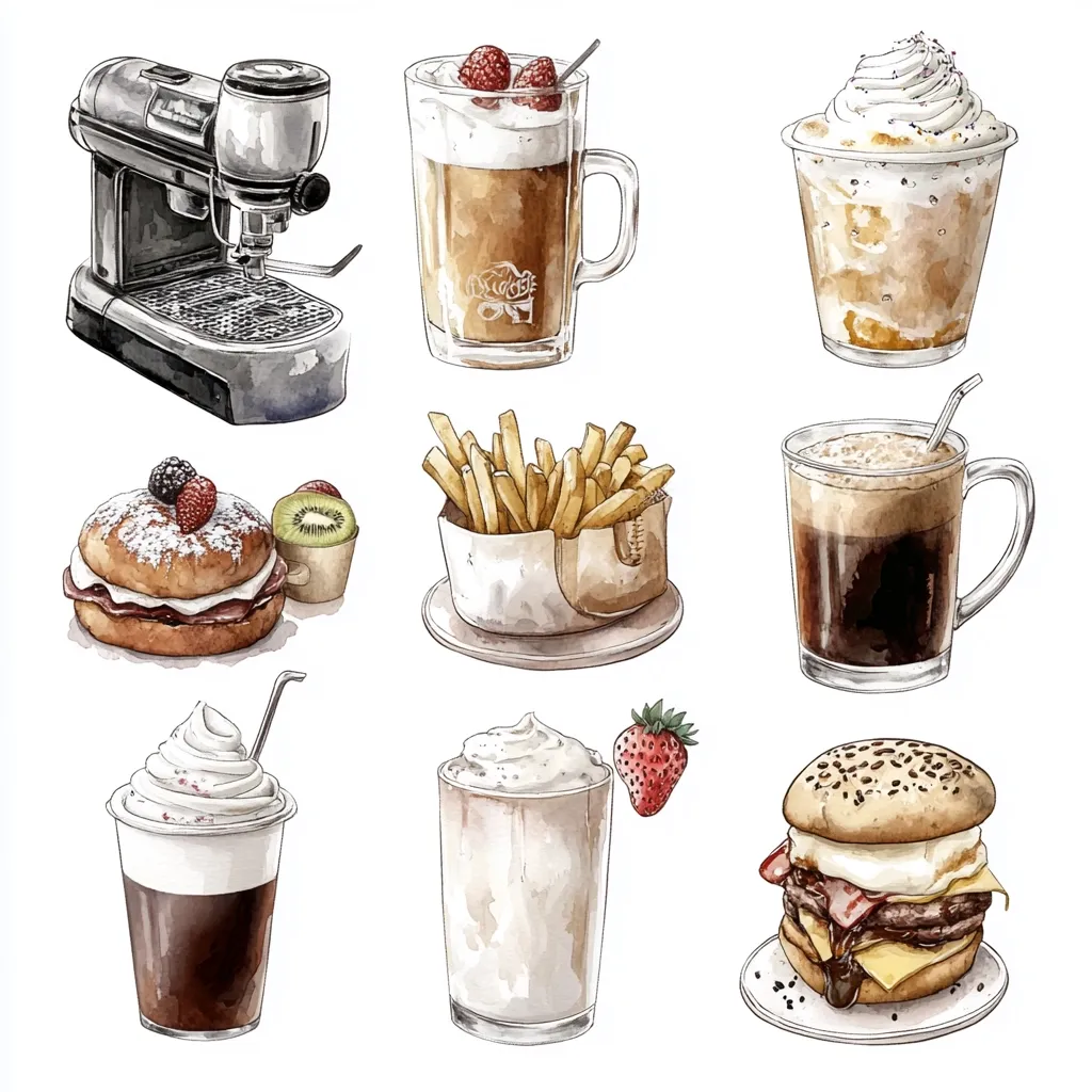 A watercolor illustration showcases a delightful array of food and beverages.  Featured are an espresso machine, a berry-topped latte, a whipped cream coffee, a pastry with berries, french fries, a frothy coffee drink, a whipped cream drink with a strawberry, and a decadent double burger.  The style is vibrant and appetizing, perfect for a cafe menu or food blog.
