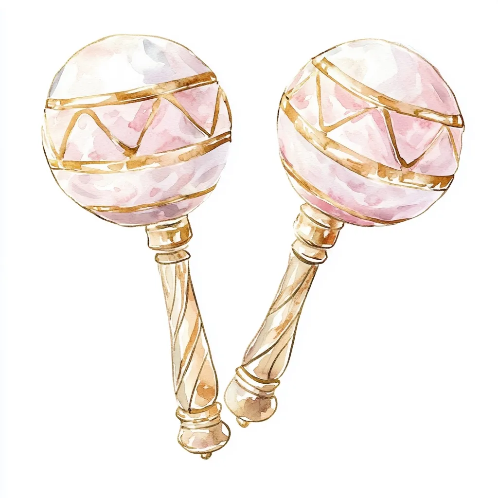 A watercolor painting depicts a pair of maracas.  The maracas have pale pink bodies adorned with gold geometric patterns, and their handles are a matching gold, swirling elegantly.  The style is delicate and suggestive of a festive or celebratory occasion.  The image is isolated on a white background.