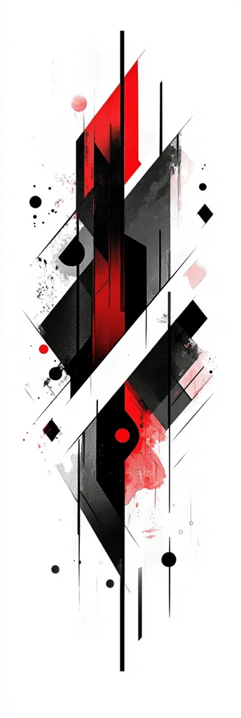 An abstract image featuring a striking composition of geometric shapes and splashes of color.  Predominantly black, white, and red, the design uses sharp angles and intersecting lines to create a sense of depth and movement.  Watercolor-like effects add texture and a dynamic feel, while scattered dots and shapes enhance the overall abstract aesthetic. The overall effect is modern and visually engaging.