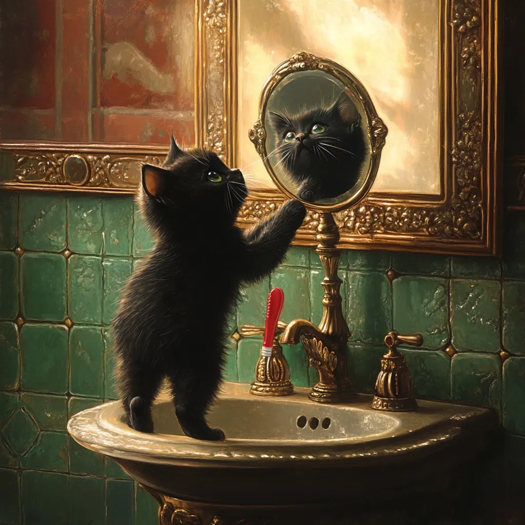 A charming painting depicts a black kitten standing on its hind legs before an ornate antique mirror in a vintage bathroom.  The kitten gazes intently at its reflection, its paws gently touching the mirror's frame. The setting is elegantly detailed, featuring green tiled walls, gold-accented fixtures, and a pedestal sink. A toothbrush rests beside the faucet, adding a touch of whimsy. The overall mood is one of quiet elegance and playful observation.