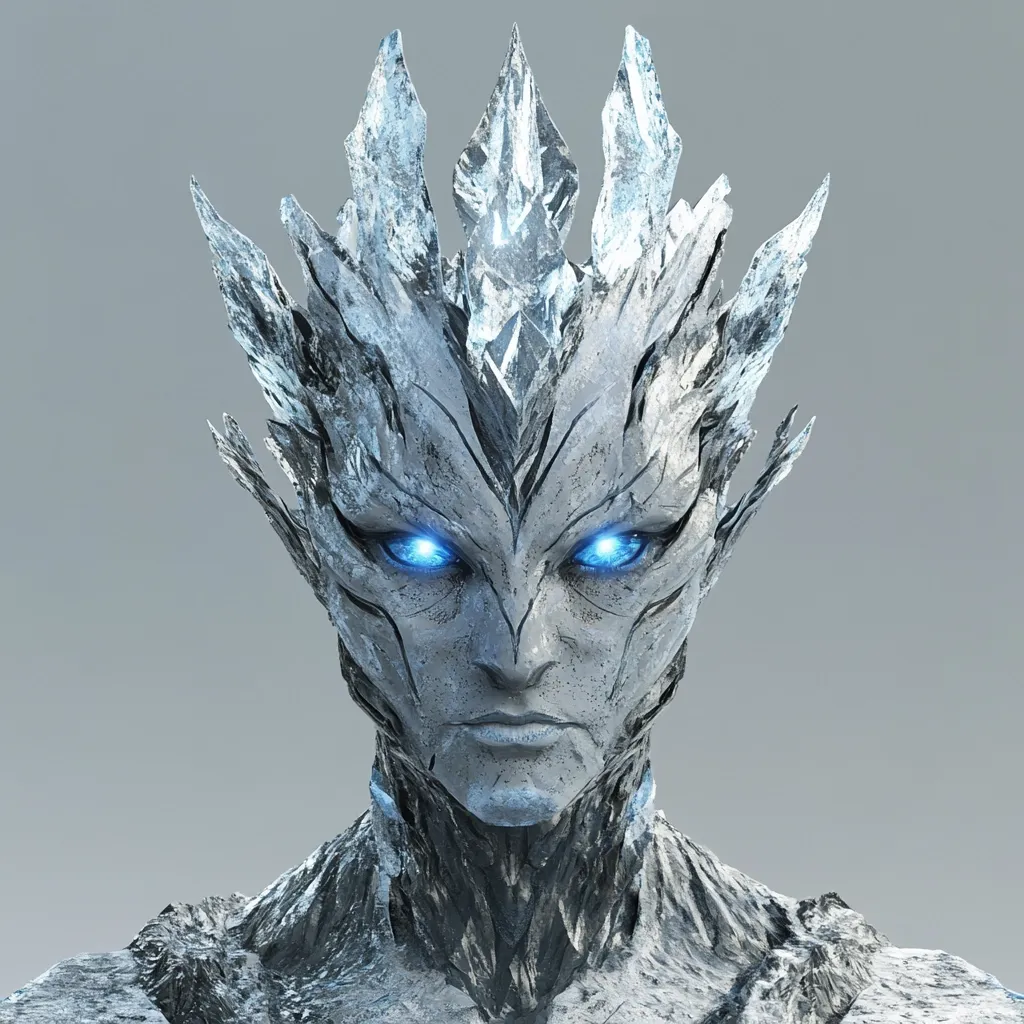 A digital rendering depicts a creature's head and shoulders.  Its stony, gray skin resembles ice, and a crown of jagged ice shards adorns its head.  The creature has piercing, bright blue eyes and a stern expression.  The overall style is fantasy-inspired, suggesting a being of immense power and cold, possibly magical, origins.