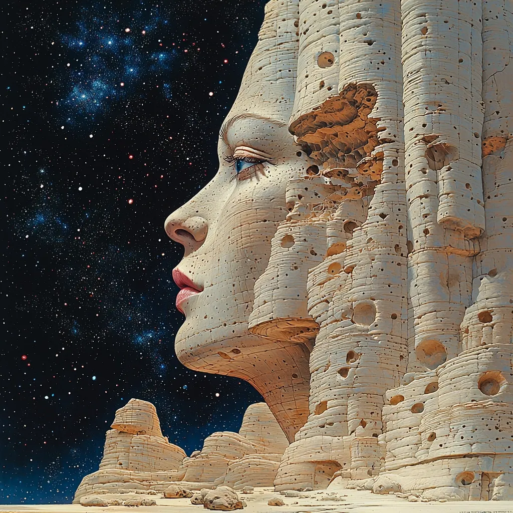 A colossal stone head, resembling a weathered statue of a woman, gazes towards a star-studded night sky.  The head's form is eroded and fragmented, its surface pitted and textured, blending seamlessly with the surrounding alien landscape of similarly textured rock formations. The scene evokes a sense of ancient mystery and cosmic vastness.  The woman's expression is serene, yet tinged with a hint of melancholy.
