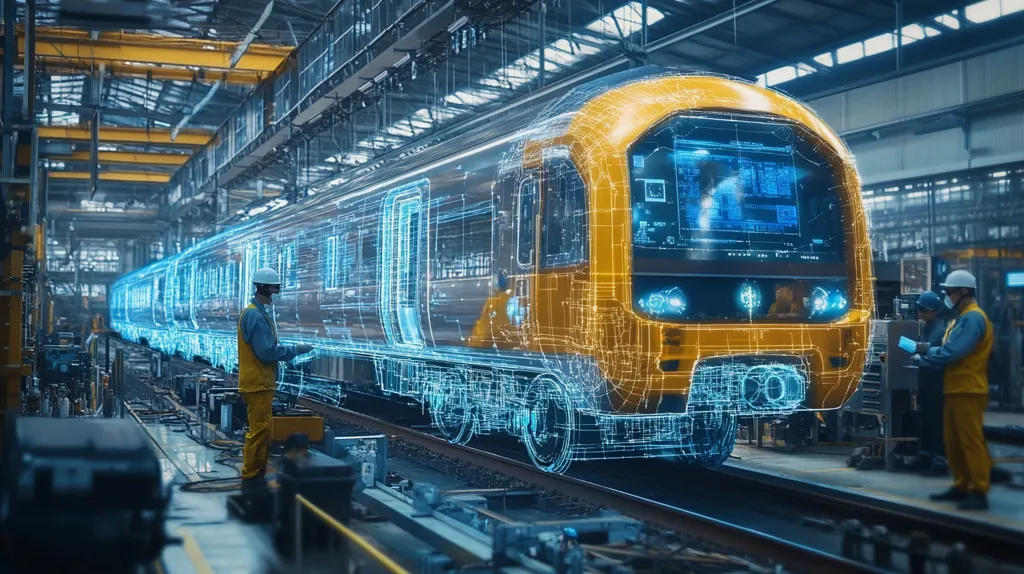 A digital wireframe of a yellow passenger train is superimposed on a real train in a modern factory.  Two workers in hard hats and safety vests examine the digital model, using tablets to interact with it.  The scene highlights advanced manufacturing techniques and the use of digital twins in the production process.  The bright, high-tech environment emphasizes technological innovation in the railway industry.