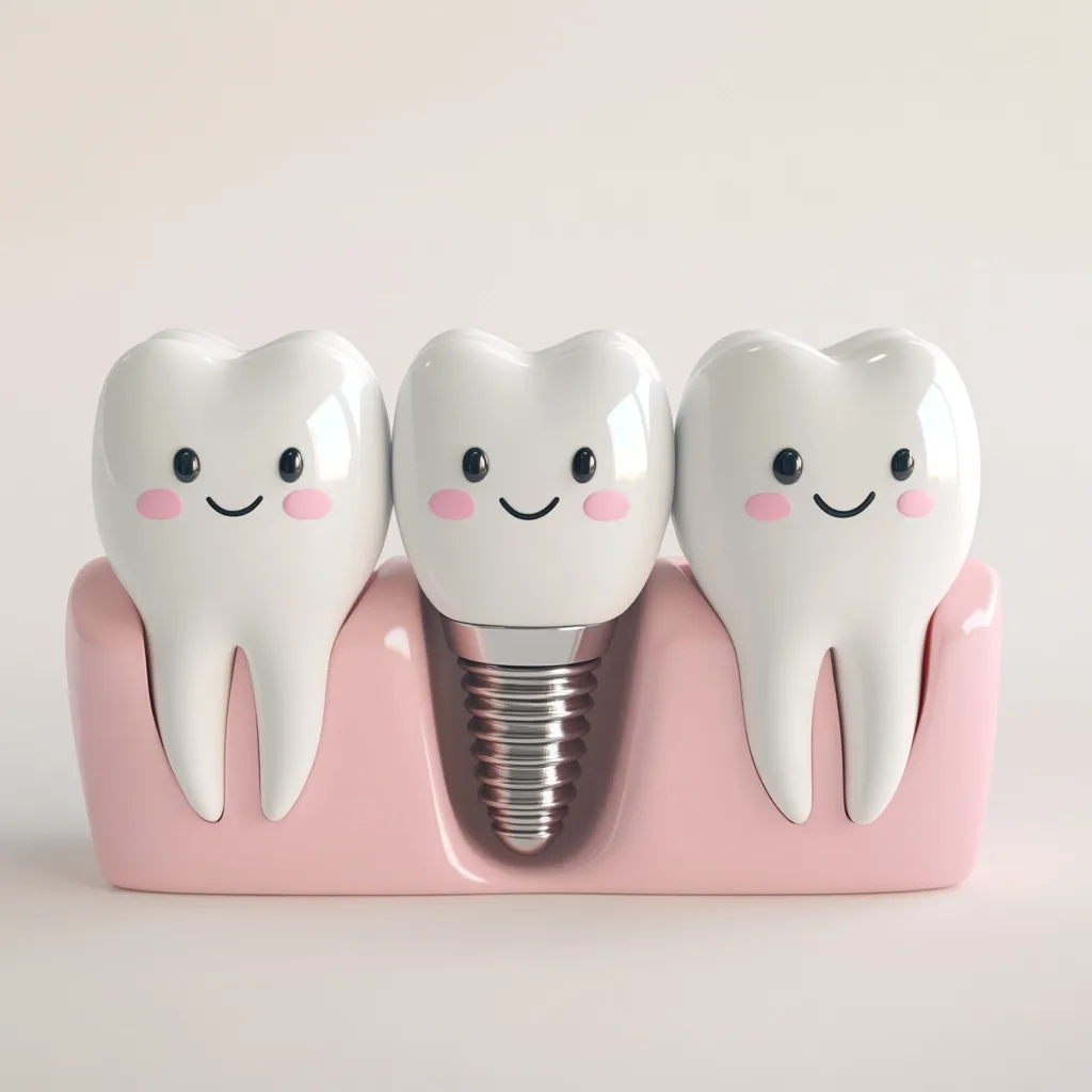 A 3D rendering shows a pink gum model with two healthy teeth flanking a dental implant.  The teeth and implant are cartoonishly happy, with simple smiling faces. The implant is metallic, screwed into the gum, and topped with a white crown matching the natural teeth. The image is clean and brightly lit, promoting a positive representation of dental health.
