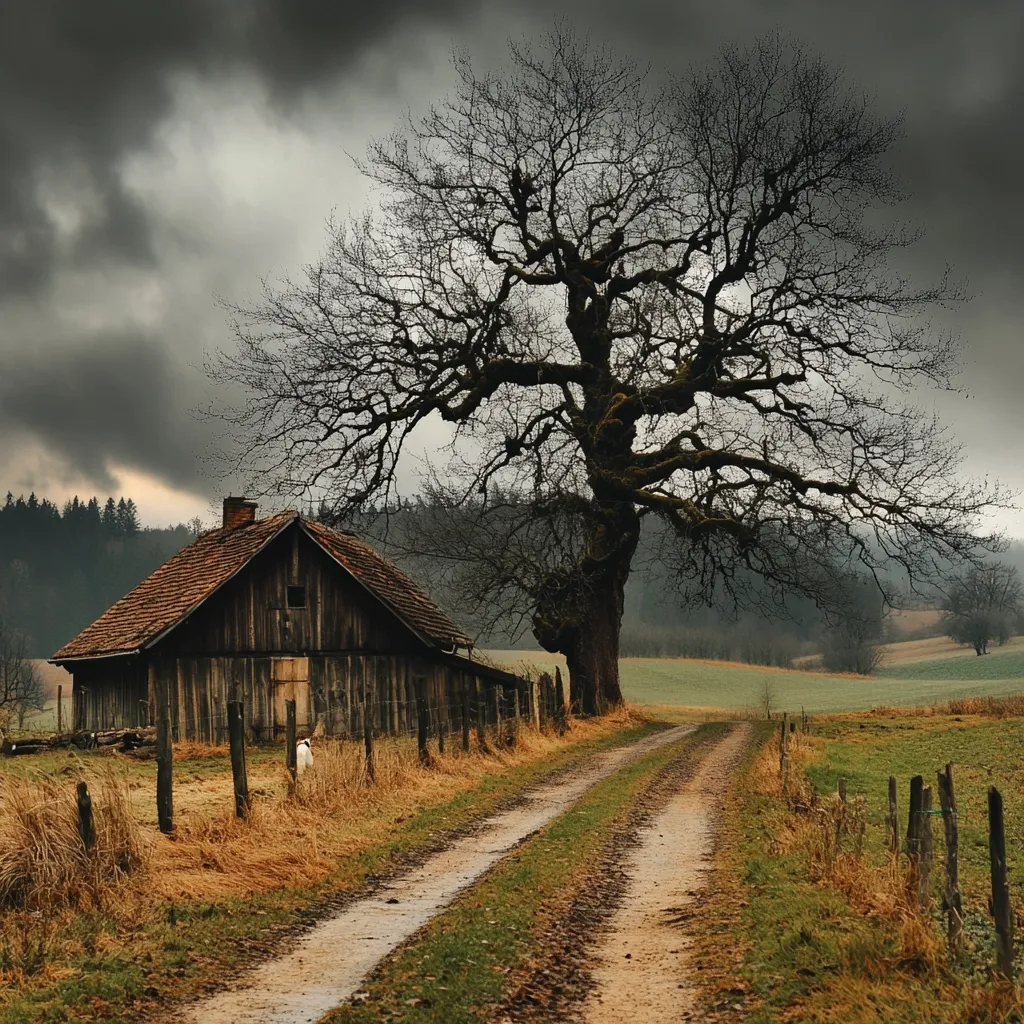 A rustic wooden barn sits beside a dirt road, under a large, leafless oak tree.  The sky is dark and stormy, casting a dramatic light on the scene. A small, white animal is visible near the barn.  The landscape is rural and peaceful, with rolling hills in the background, suggesting a remote, possibly isolated location.  The overall mood is melancholic yet beautiful.