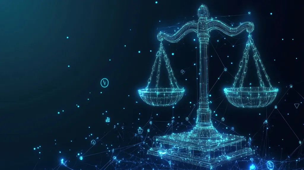 A digital rendering of scales of justice, constructed from glowing blue lines and nodes, resembles a constellation.  The scales are intricately detailed, with smaller symbols and connections surrounding them, creating a futuristic and abstract representation of law and justice in a digital world. The dark blue background accentuates the luminescence of the scales.
