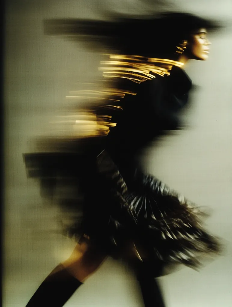 A blurred image of a woman in motion, wearing a dark, possibly black, dress and gold jewelry.  Her hair is flowing, and the motion blur creates streaks of light, giving the image a dynamic and artistic feel. The background is a muted, neutral tone, allowing the woman and her attire to stand out.  The overall effect is one of elegance and speed.