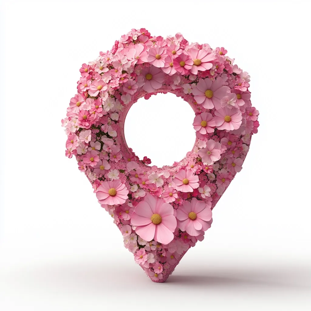 A location marker is depicted, crafted entirely from pink flowers.  Delicate blooms, predominantly cosmos, densely cover the marker's shape, creating a vibrant, floral representation of a pin. The flowers are various shades of pink, with a central, empty space forming the classic pointer shape.  The image is set against a stark white background, emphasizing the floral design.
