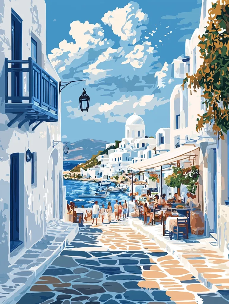 A picturesque Mediterranean street scene unfolds, showcasing whitewashed buildings under a vibrant blue sky.  People stroll along a stone pathway towards a waterfront café, where patrons enjoy meals and drinks. Boats bob gently in the calm sea, creating a tranquil atmosphere.  The bright sun casts shadows on the cobblestones, highlighting the charming architecture and idyllic setting.  The overall impression is one of serene beauty and peaceful coastal living.