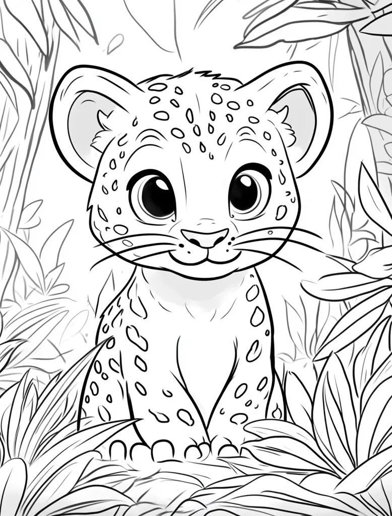 A charming illustration of a baby jaguar cub, sitting amidst lush tropical foliage.  The cub is depicted in a cartoon style with large, expressive eyes and a spotted coat.  The line art is clean and simple, perfect for coloring.  The scene evokes a sense of the jungle's tranquility and the cub's playful innocence.