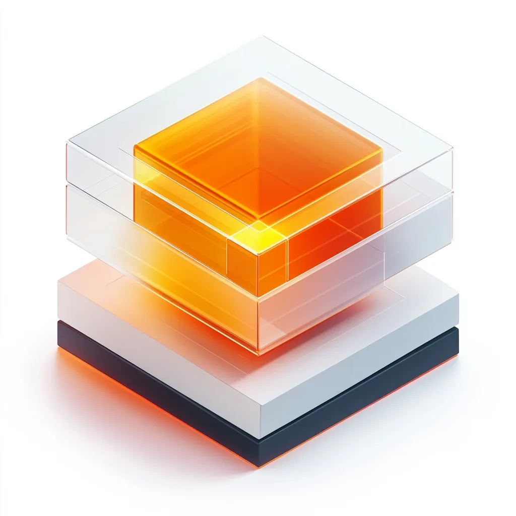 A luminous orange cube sits nestled within a transparent glass enclosure.  This assembly rests on a layered platform, composed of a white base and a dark gray lower layer. The overall structure is clean, modern, and suggests technological sophistication or advanced materials.  The image is sharply focused and brightly lit against a plain white background.