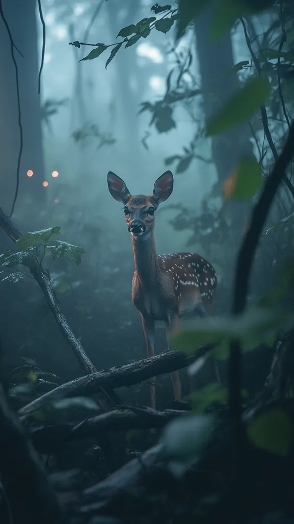 A young deer stands in a misty forest, its spotted coat barely visible in the dim light.  The air is thick with fog, obscuring the background.  Dark, interwoven branches and leaves frame the deer, creating a mysterious and serene atmosphere.  Hints of other wildlife can be seen in the distance, adding to the wild ambiance of the scene. The overall mood is one of quiet beauty and hidden life.