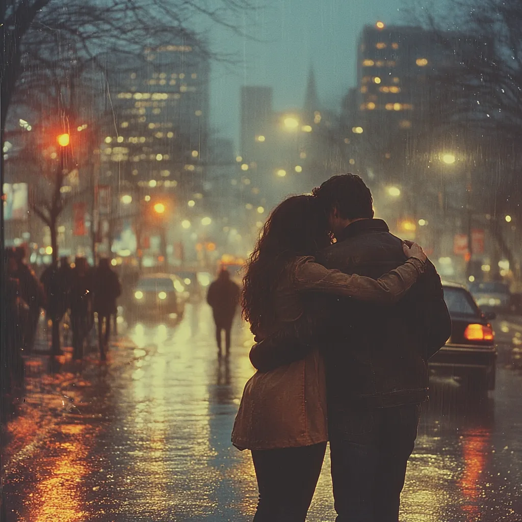 A romantic couple embraces on a rainy city street at night.  City lights reflect in the wet pavement.  The background is blurred, emphasizing the couple's closeness.  The atmosphere is intimate and romantic, with a dreamy, slightly nostalgic feel.  The rain adds to the melancholic beauty of the scene.