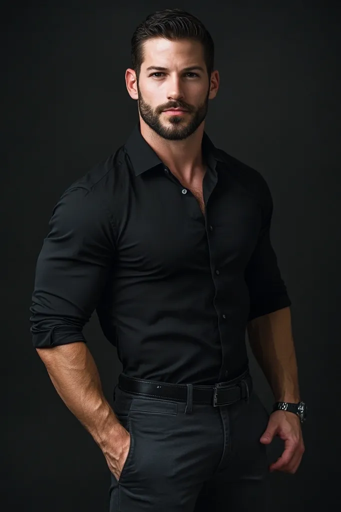 A muscular man with a well-groomed beard poses against a dark background. He's dressed in a fitted black long-sleeved shirt and dark gray trousers, a black belt cinching his waist.  His hands are casually in his pockets, and he gazes directly at the camera with a serious expression.  The overall look is sharp and stylish.