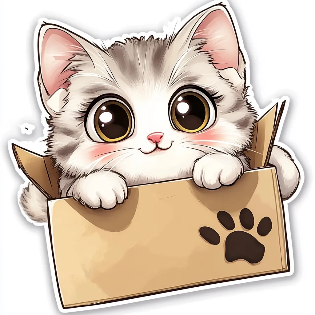 An adorable cartoon kitten, predominantly white with grey markings, peeks out from a cardboard box.  Its large, expressive eyes and rosy cheeks give it a sweet and innocent appearance. The box features a paw print, adding to the charming design.  The illustration is in a cute, stylized manner, ideal for stickers or children's items.