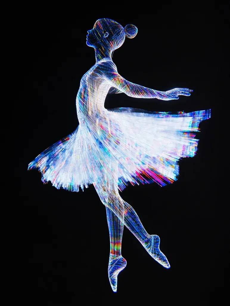 A digital rendering of a ballerina in mid-leap, depicted as a luminous, multicolored wireframe against a black background.  Her tutu is rendered with a similar ethereal quality, flowing dynamically. The image suggests grace, movement, and the intersection of technology and art.  The vibrant hues add a futuristic, almost holographic effect.