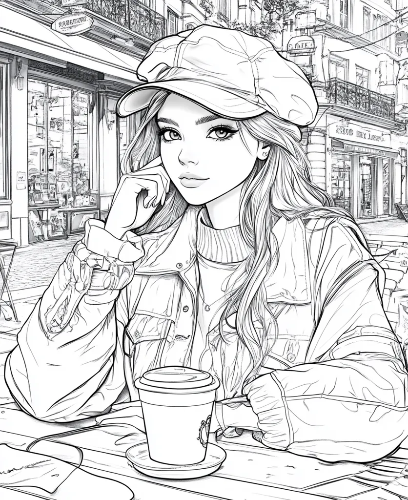 A detailed line drawing depicts a young woman with long hair, wearing a newsboy cap and a jacket, seated at an outdoor café table.  She rests her hand on her chin, gazing thoughtfully.  The background features a sketched Parisian street scene with shops and buildings. A cup of coffee sits on the table in front of her. The style is reminiscent of a coloring book page, with intricate details in the clothing and setting.