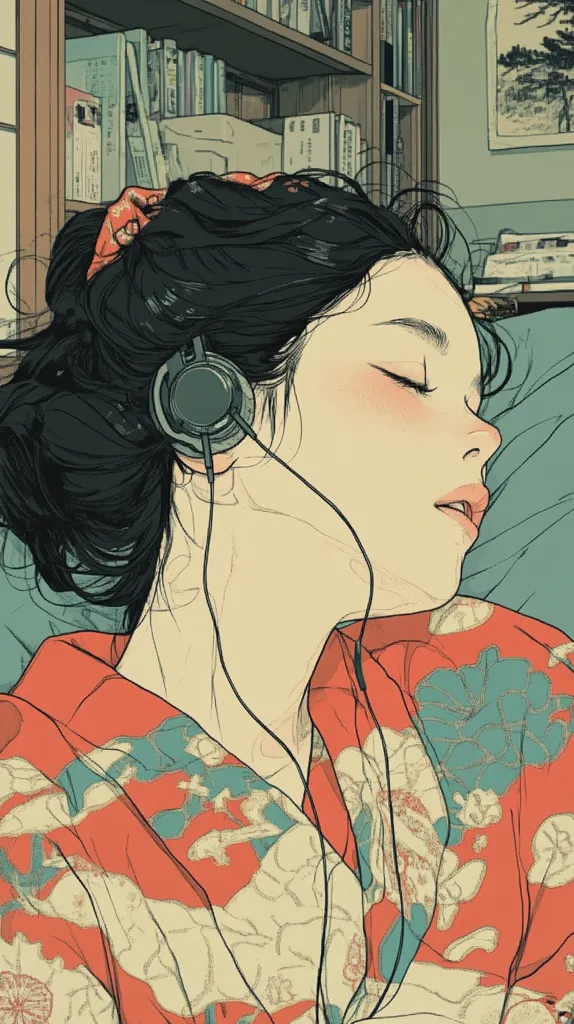 The illustration depicts a young woman with dark hair styled in a loose bun, lying down and wearing headphones. She's dressed in a red kimono adorned with a cream and teal floral pattern. Her eyes are closed, suggesting she's asleep or deeply relaxed while listening to music.  The background features a bookshelf filled with books and a framed artwork, creating a serene and peaceful atmosphere. The art style is reminiscent of Japanese woodblock prints with a modern twist.