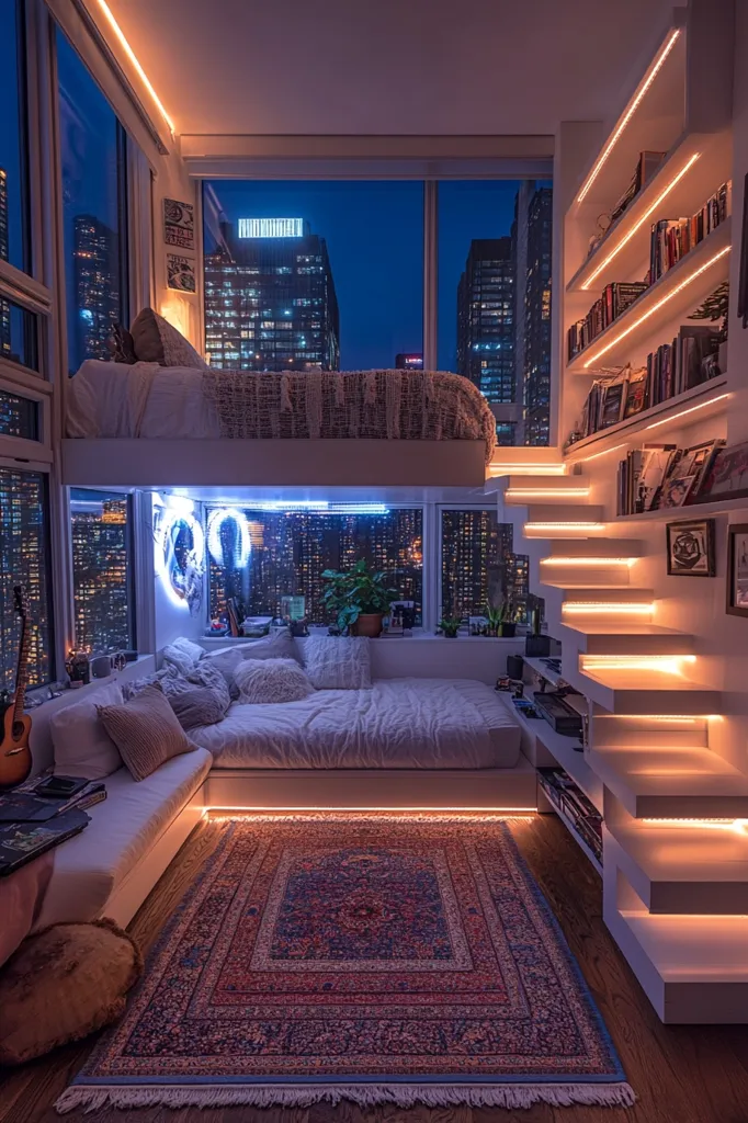 A cozy loft apartment at night boasts stunning city views from expansive windows.  Warm LED strip lighting accents the built-in shelving and low platform bed, creating a relaxing ambiance. A comfortable L-shaped couch and rug complete the space, offering a blend of modern design and urban charm.  The room features a guitar and books, hinting at the resident's lifestyle.