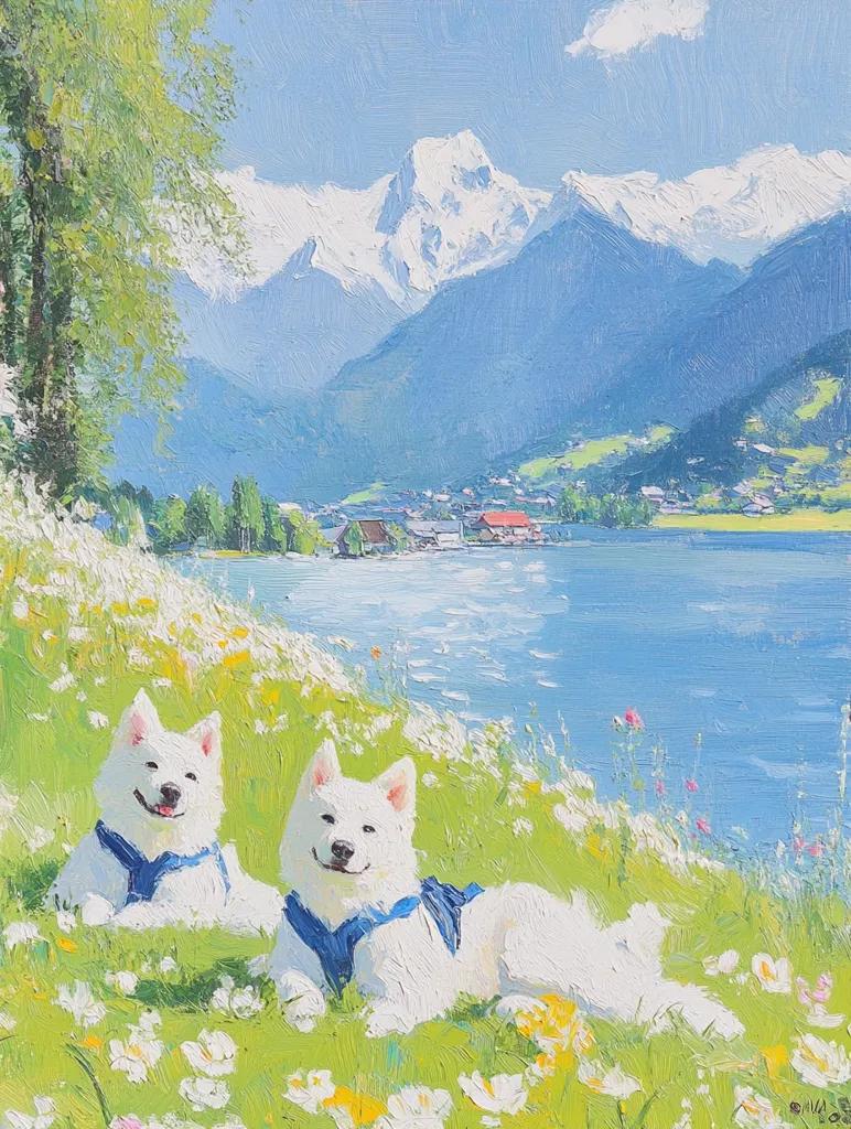 A picturesque landscape painting depicts two white dogs wearing blue harnesses, lounging in a vibrant meadow of wildflowers.  The serene scene unfolds beside a calm lake, with snow-capped mountains rising majestically in the background under a clear blue sky.  The style is impressionistic, with visible brushstrokes conveying a sense of tranquility and idyllic beauty.