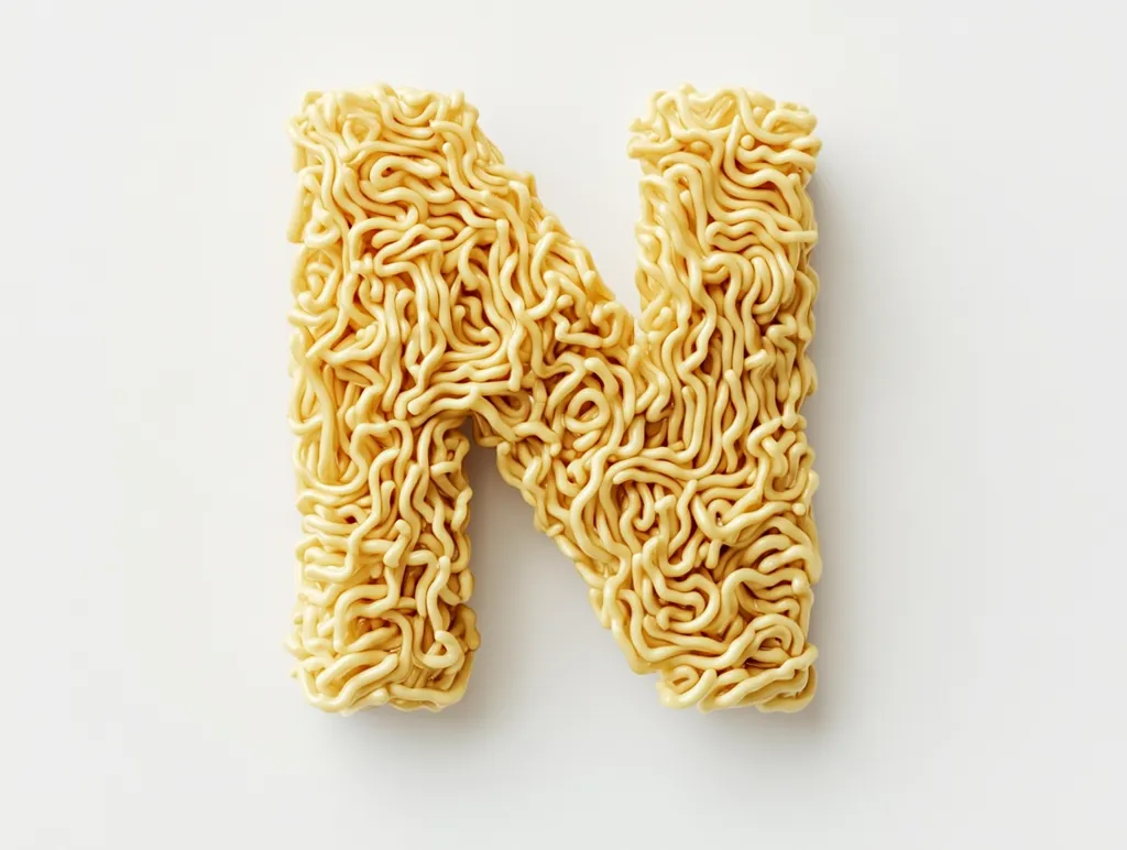 The letter "N" is formed using uncooked instant noodles.  The noodles are light yellow and clumped together to create the shape of the letter.  The background is a plain white surface, providing a stark contrast to the noodles. The image is a simple, yet visually appealing representation of the letter using an unconventional material.