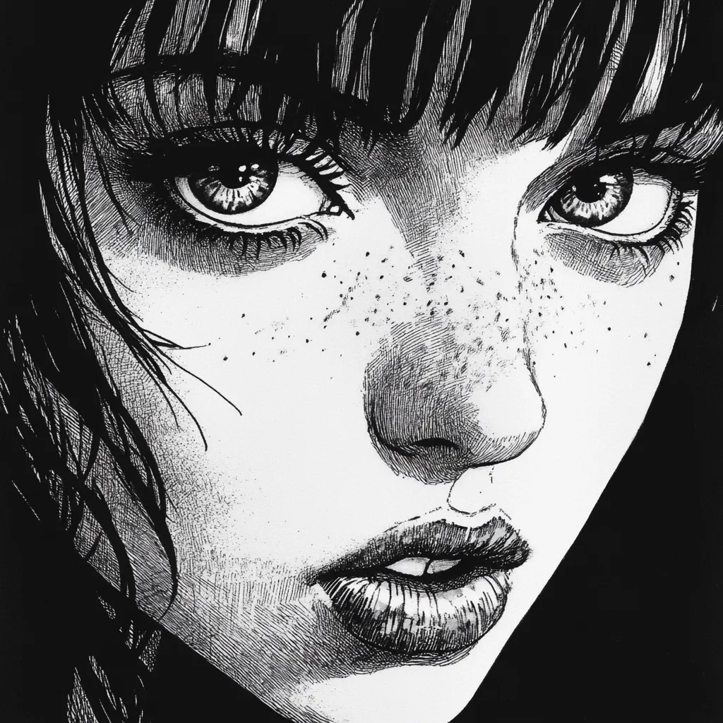 A black and white close-up illustration of a girl's face.  She has dark, straight bangs framing large expressive eyes, and her face is adorned with freckles.  The detailed pen-and-ink style creates a high contrast image, emphasizing the texture of her skin and hair. Her slightly parted lips suggest a pensive or melancholic expression. The dark background focuses attention on the intricate details of her features.