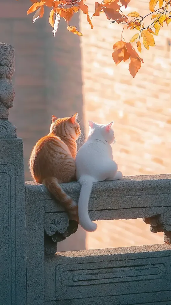 Two cats, an orange tabby and a white cat, sit side-by-side on a stone wall.  Autumn leaves hang overhead, casting a warm, golden light.  The scene is peaceful and serene, suggesting a moment of quiet contemplation. The background features a blurry, sunlit wall or structure. The cats' tails hang down.