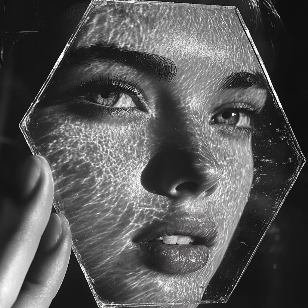 A close-up black and white shot of a woman's face partially obscured by a hexagonal piece of glass.  The glass distorts the image, creating a watery effect on her skin.  Her eyes are visible, and she appears to be looking slightly upward.  The overall mood is artistic and mysterious.  The contrast between light and shadow is striking, highlighting the texture of her skin.