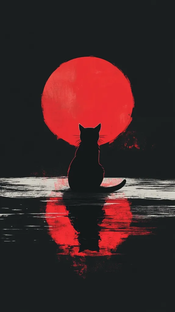 A minimalist illustration depicts a black cat sitting in profile view, facing a large, red circle resembling a sun or moon.  The cat's silhouette is reflected in dark water below, mirroring the red celestial body. The overall aesthetic is dark and moody, with a stark contrast between the black cat and the vibrant red.  The style suggests a blend of digital painting and graphic design.