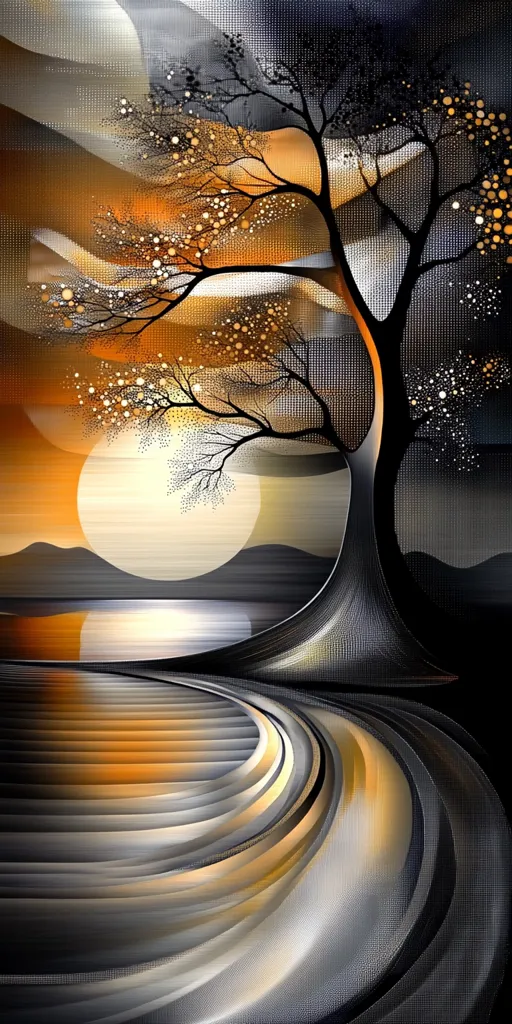 An abstract artwork depicts a stylized tree silhouetted against a sunset.  Warm oranges and yellows blend with cool grays and blacks, creating a dramatic contrast.  The tree's branches are adorned with glowing dots, while the path beneath it curves gracefully into the foreground, resembling a flowing river or stairway.  The overall effect is serene and evocative, suggestive of a tranquil, dreamlike landscape.
