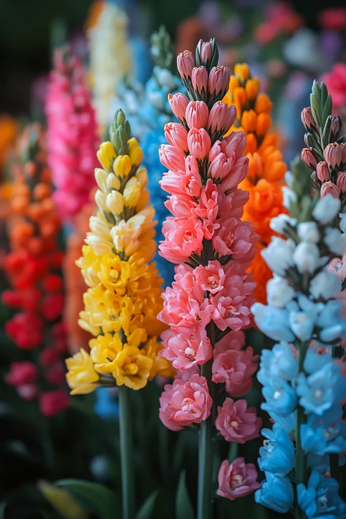 A vibrant close-up showcases a cluster of colorful Snapdragon flowers.  Their densely packed blossoms range from vibrant pinks and oranges to sunny yellows and soft blues.  The flowers are arranged in vertical spikes, creating a visually stunning display of texture and color. The background hints at a multitude of similar flowers, suggesting a garden bursting with blooms.