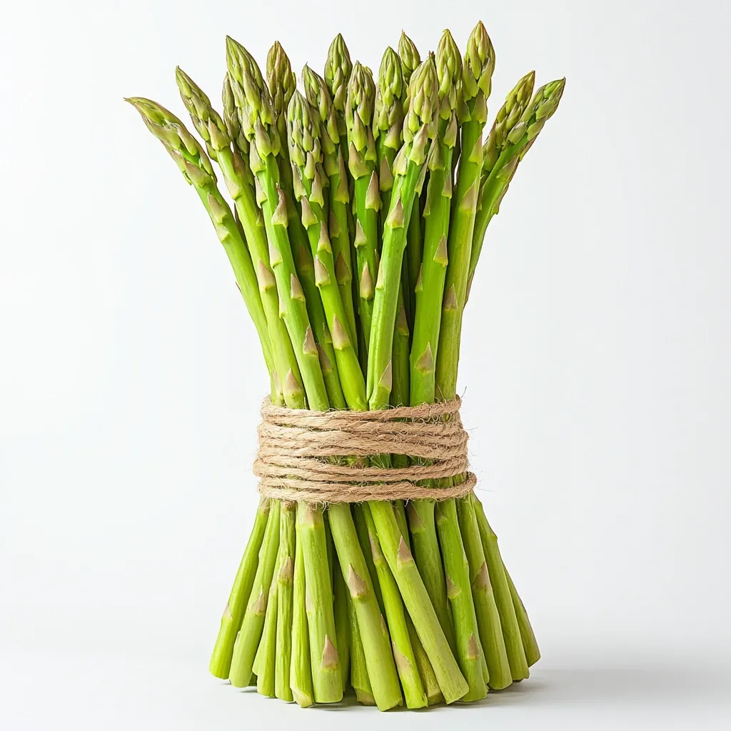 A bunch of fresh green asparagus spears is tightly bound together with twine.  The vibrant green color and tightly packed arrangement showcase the freshness of the vegetable.  The asparagus is presented against a clean white background, highlighting its visual appeal.