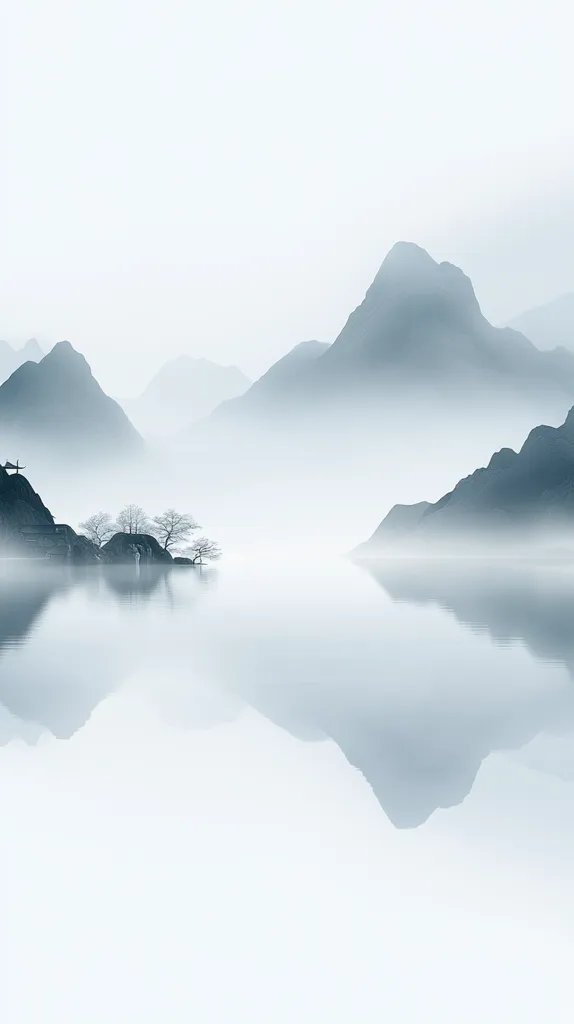 A serene landscape painting depicts misty mountains reflected in a calm lake.  A few bare trees stand on a small islet near the shore. The soft, muted tones and hazy atmosphere create a sense of tranquility and peace. The image evokes a feeling of stillness and isolation, a minimalist portrayal of nature's beauty.