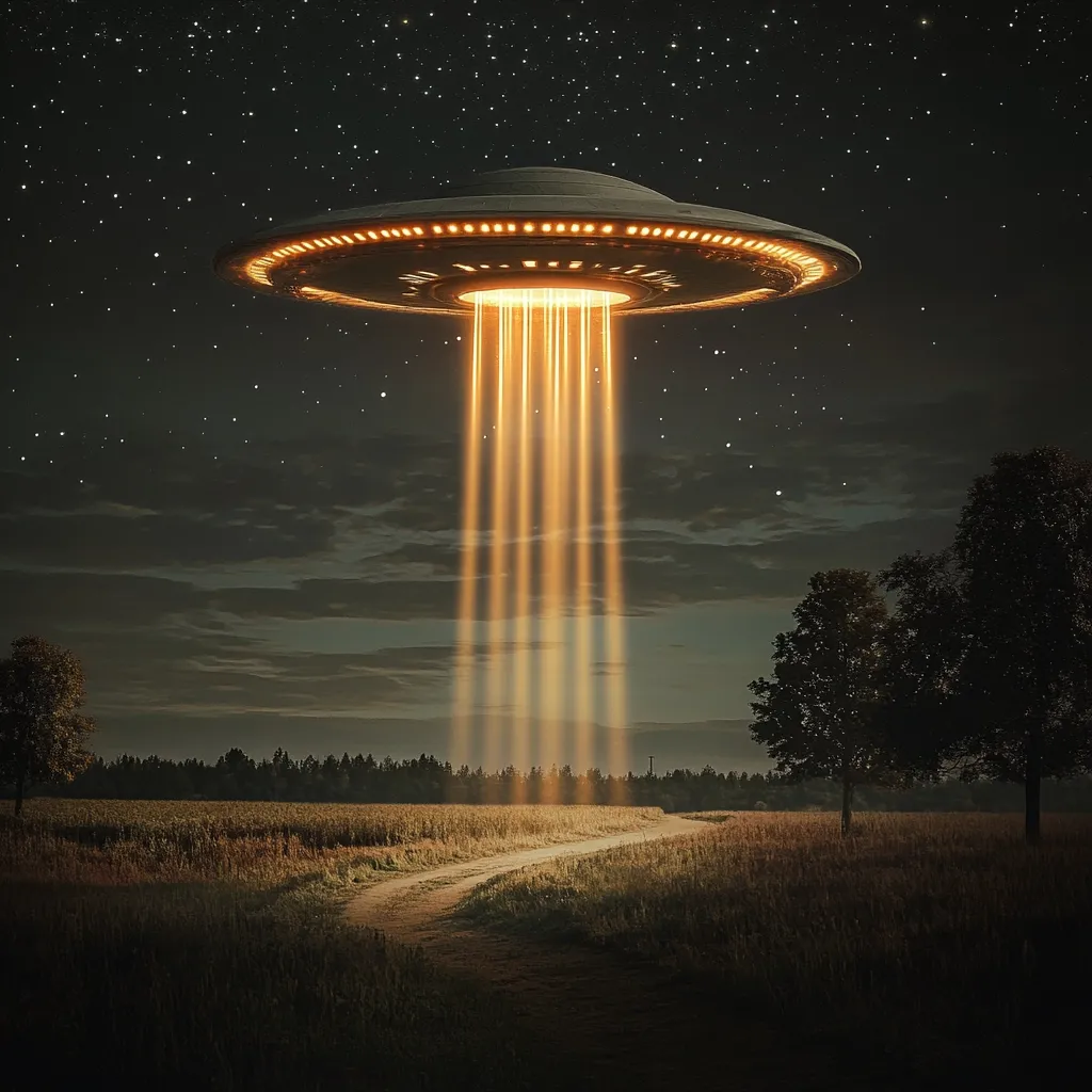 A classic flying saucer hovers above a rural landscape at night.  Bright, golden beams of light emanate from the craft towards the ground, illuminating a dirt road winding through a field.  The starry night sky provides a dramatic backdrop to this scene of extraterrestrial visitation.  Trees stand silhouetted against the glowing beams and the dark horizon.