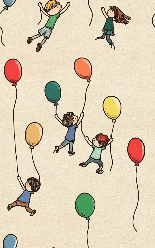 Children joyfully hold onto brightly colored balloons, floating against a beige background.  The balloons vary in shades of red, orange, yellow, green, and teal.  The children, depicted in simple cartoon style, are dressed in casual attire and appear elated by their airborne adventure.  The illustration evokes a sense of carefree childhood fun.