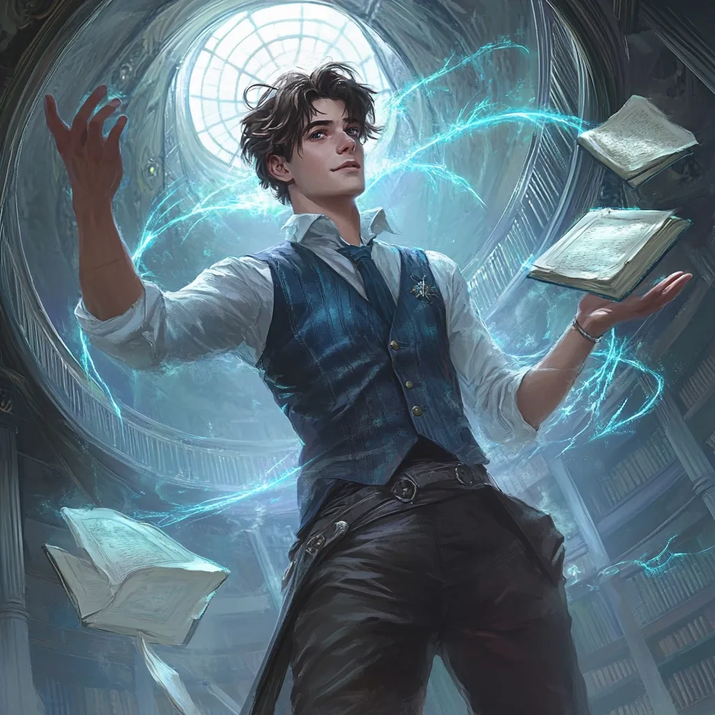 A young man with dark hair, wearing a blue waistcoat and white shirt, levitates several books with glowing teal energy swirling around him.  He stands in a grand library with arched ceilings and bookshelves, suggesting a magical or scholarly setting. His expression is confident and charming, and he appears to be in control of his magical abilities.  The overall style is fantastical and artistic.