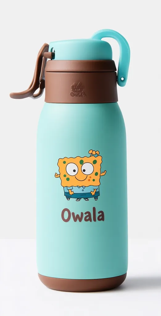 A light teal-colored Owala water bottle features a cartoon character resembling SpongeBob SquarePants.  The bottle has a brown lid and base, with a carrying handle. The character's name, "Owala," is printed below the image. The bottle is designed for children or young adults, showcasing a fun and playful aesthetic.