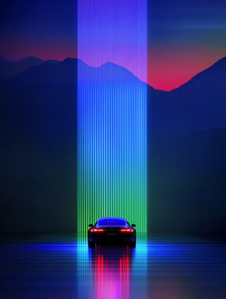 A sleek, dark-colored car is positioned centrally in a futuristic scene.  Behind it, a vibrant, vertical light display of blue, green, and purple hues cascades against a backdrop of silhouetted mountains under a twilight sky. The scene is reflective, with the car's lights mirroring on the glossy surface. The overall aesthetic is one of modern technology and striking visual contrast.