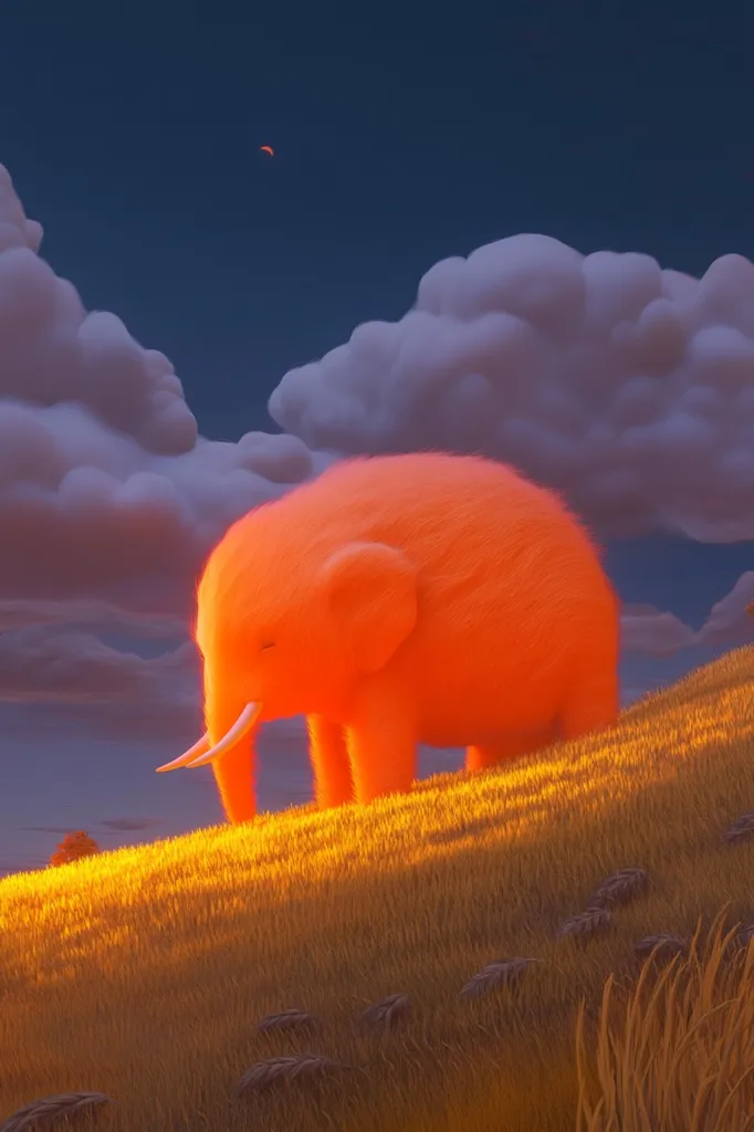 A fluffy, orange elephant stands in a golden field at sunset.  The sky is a deep twilight blue, punctuated by soft, fluffy clouds. The elephant's fur appears soft and luminous, contrasting with the long grass beneath. The scene is peaceful and dreamlike, evoking a sense of wonder and tranquility.  A small crescent moon hangs in the distance.
