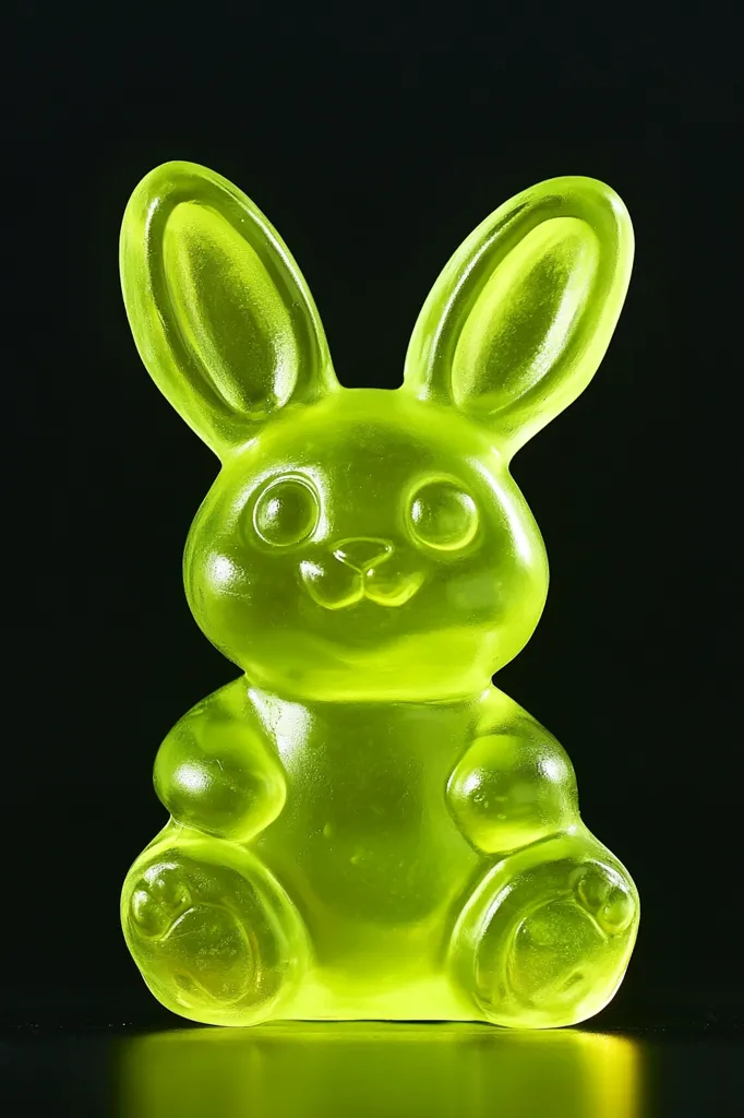 A vibrant, lime-green gummy rabbit sits against a stark black background.  Its translucent body captures and reflects light, highlighting its smooth, sculpted form.  The rabbit's features are simplified, with large, expressive eyes and a sweet, innocent expression.  The overall effect is playful and slightly surreal.
