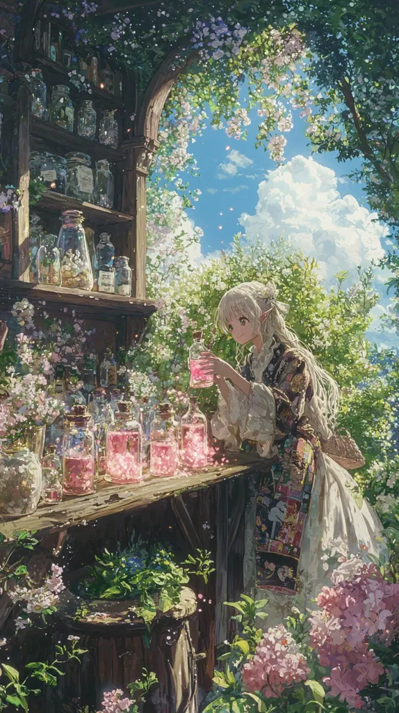 A young woman with long white hair stands in a whimsical garden, tending to a row of glass bottles filled with glowing pink liquid.  She wears a flowing, patterned dress and is surrounded by lush greenery and blooming flowers.  A wooden structure, filled with various jars and bottles, acts as a backdrop to this enchanting scene, bathed in sunlight and dappled shade.  Magical sparkles emanate from the bottles, adding to the fantasy-like atmosphere.