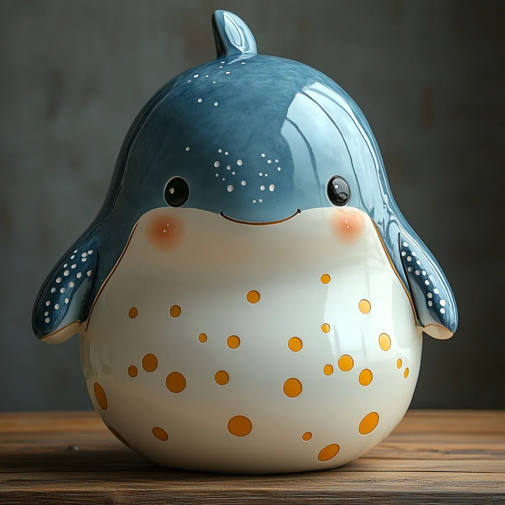 A charming ceramic whale piggy bank sits on a wooden surface.  Its design is whimsical, featuring a bluish-grey body adorned with small white and yellow dots.  Large, expressive eyes and a smiling mouth add to its cute appearance. The glossy finish enhances the overall appeal of this delightful money-saving item.
