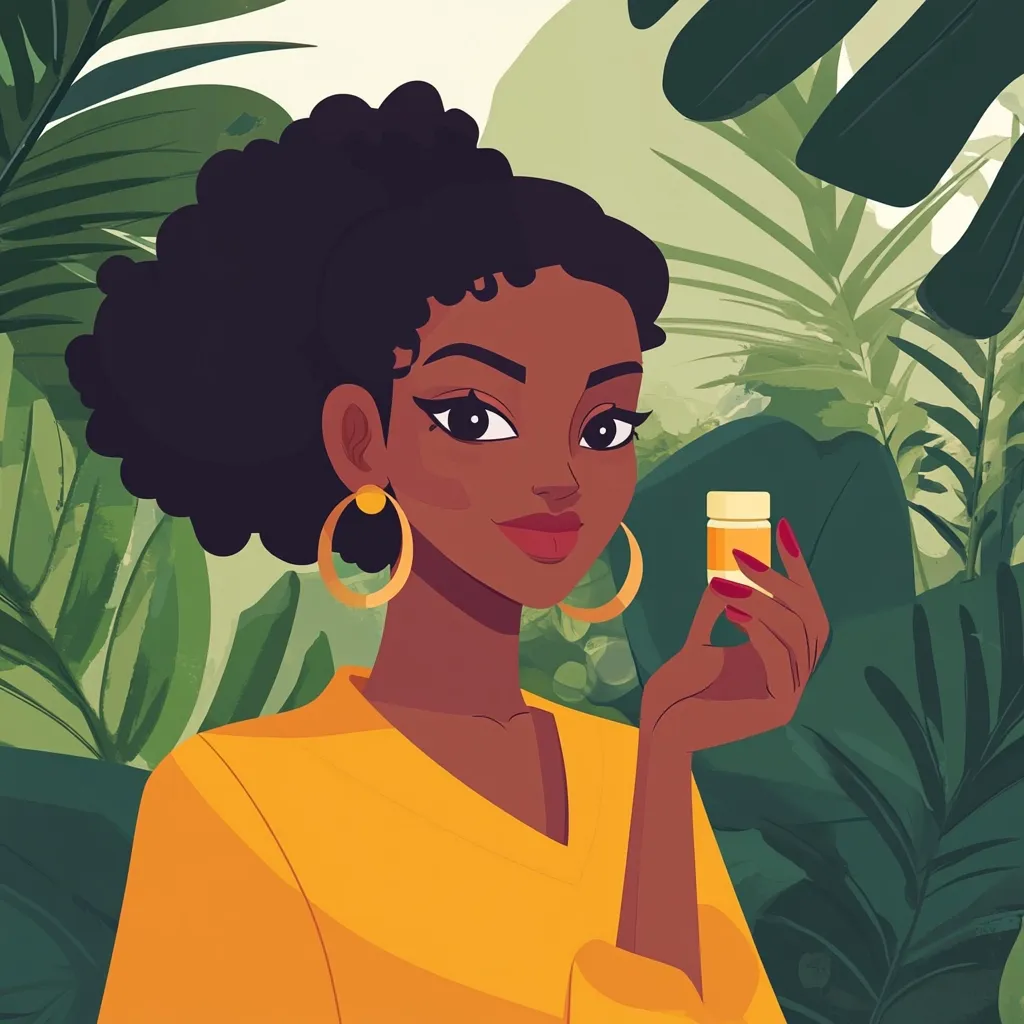 A stylish Black woman with a short afro and large gold hoop earrings, wears a mustard yellow shirt.  She holds a small, light-yellow bottle, possibly containing supplements or medication.  She is surrounded by lush, vibrant green tropical foliage. The illustration is colorful and has a stylized, cartoonish quality.