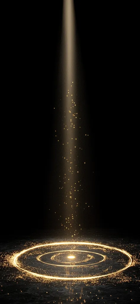 A beam of light descends from above, illuminating a dark expanse.  Golden particles, like shimmering dust, drift down and settle, forming concentric circles on the ground. The overall effect is one of magical, ethereal beauty, suggesting a celestial event or a mystical energy source. The contrast between the darkness and the radiant golden light is striking.