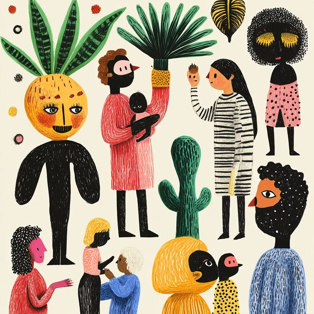 A vibrant illustration features stylized figures and plants.  A large, friendly pineapple-headed character stands prominently.  Others include adults holding babies, children interacting, and a variety of plants, including a cactus and palm-like plants. The figures have diverse hairstyles and clothing, displayed in a whimsical, playful style using textured crayon-like strokes. The overall color palette is warm and inviting.
