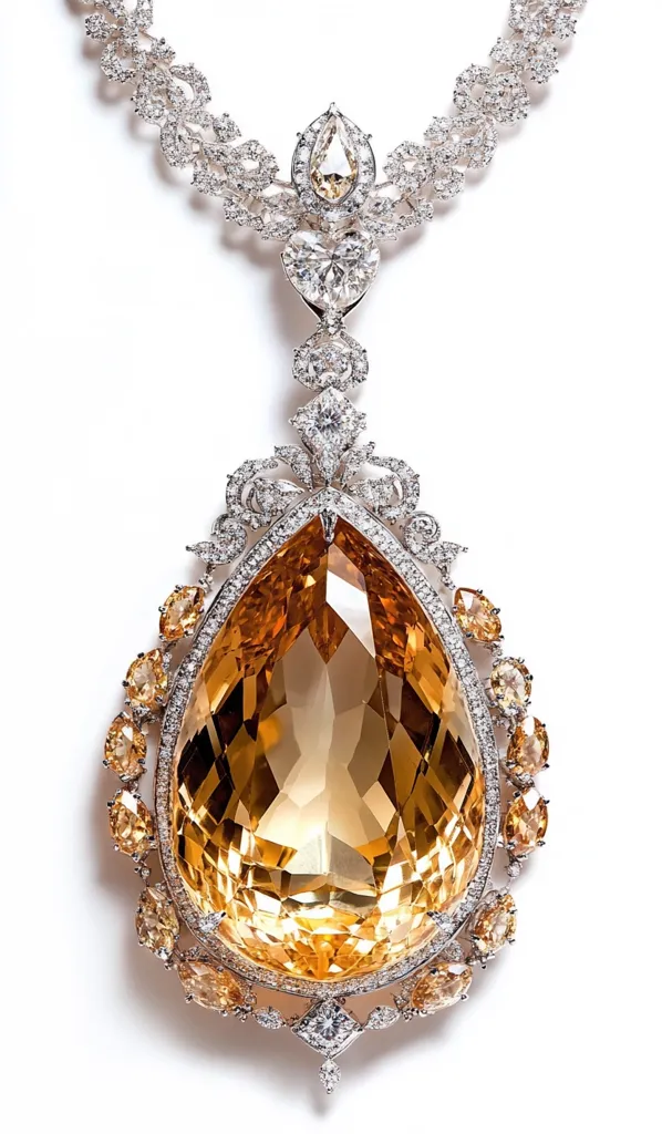 A stunning necklace features a large, pear-shaped, golden-yellow gemstone as its centerpiece.  The main stone is framed by a delicate setting of smaller, similarly hued stones and sparkling white diamonds. The necklace's design is intricate, with a flowing, ornate pattern extending from the pendant to the chain, all crafted in platinum or white gold. The overall effect is one of opulent elegance and sophisticated luxury.